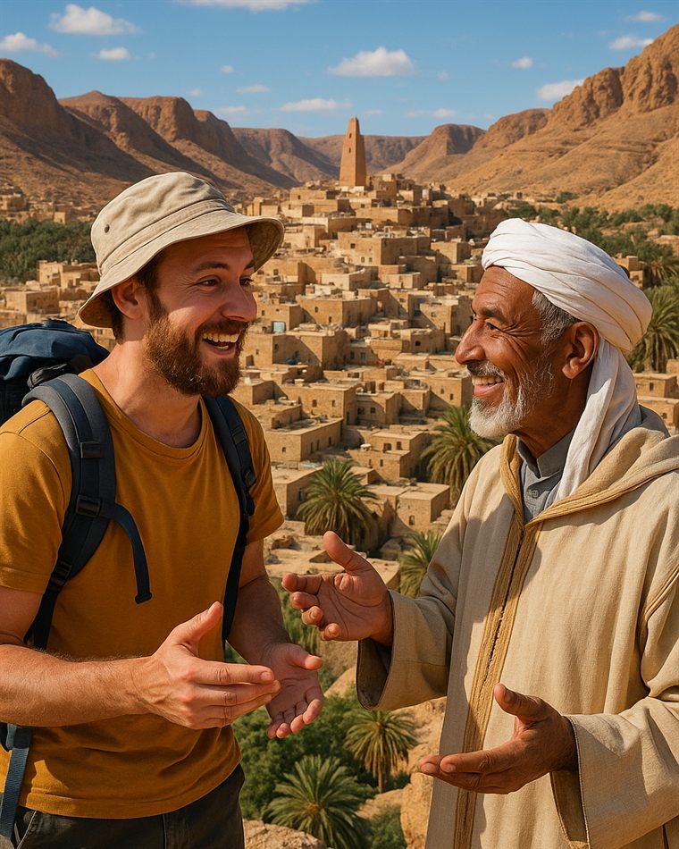 Un voyageur et un habitant d’un village algérien en pleine conversation, devant un ksar de pierre ocre