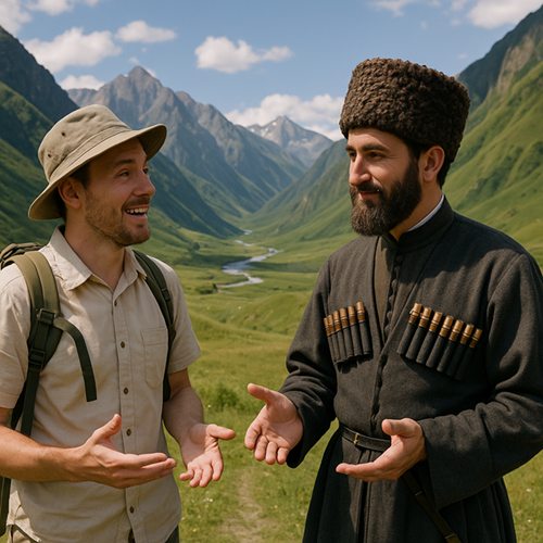 Un voyageur et un homme tchétchène en tenue traditionnelle, en pleine conversation dans une vallée du Caucase